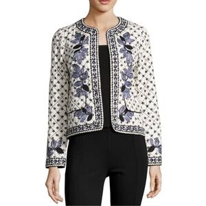 TORY BURCH Tilda Embroidered Fish Print Jacket Open Front in Ivory